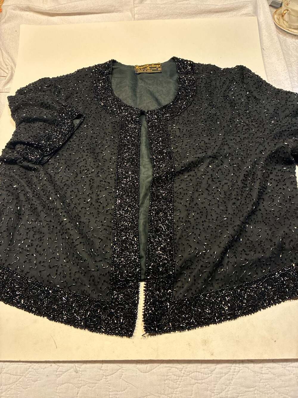 Royal Feelings Vintage Black Pure Silk Beaded Evening Jacket Size 1X